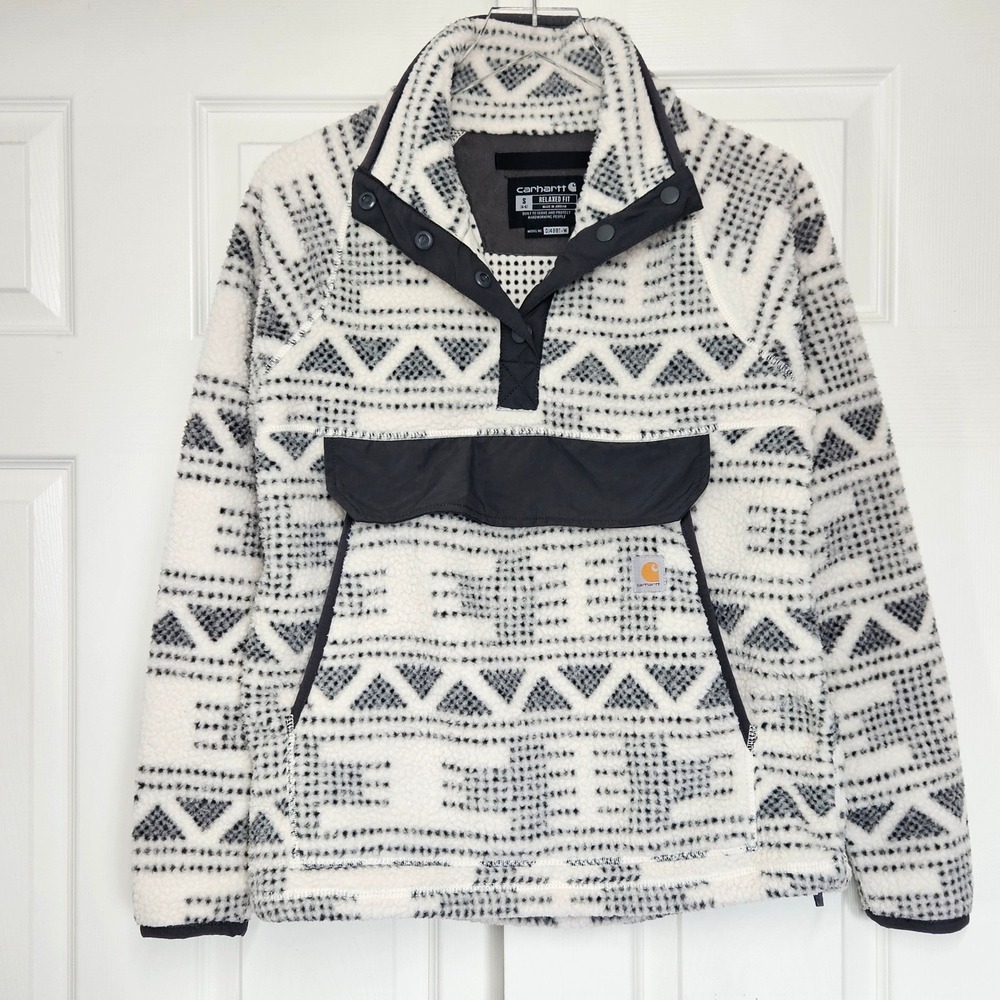 Carhartt Womens Relaxed Fit Fleece Pullover Geometric Tribal Print Sherpa  Small - Picture 2 of 9